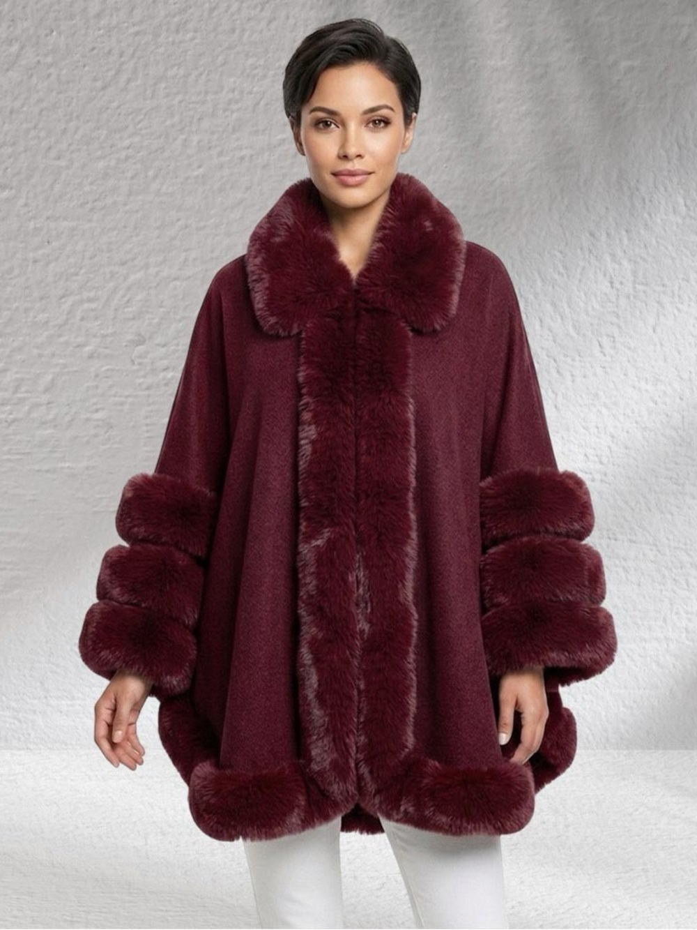Plush Faux-Fur Trim Burgundy Cape Coat - Women